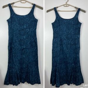 LRL 100% Linen Blue Floral Sleeveless Midi Dress Womens 12 Cotton Lined